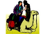 Two men standing by a sitting camel